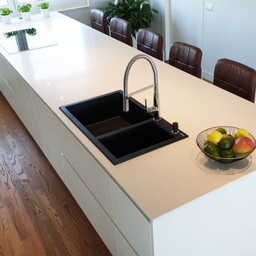 Chiuveta bucatarie granit dubla cu 2 cuve Neagra / Black Metal quartz + accesorii montaj, 860x500x200 mm, cod 6064